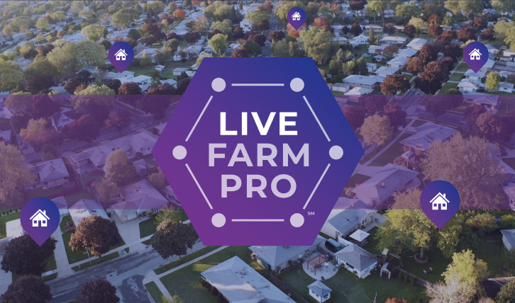 Live Farm Pro logo hovering over a neighborhood